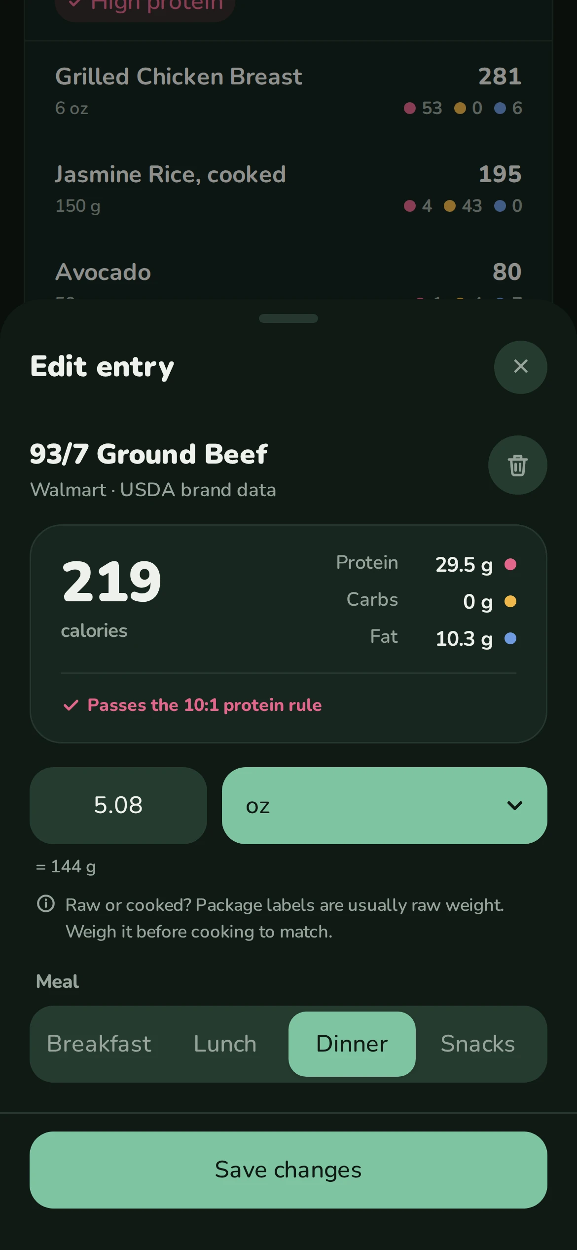 Editing an entry of 93/7 ground beef: 5.08 ounces equals 144 grams, 219 calories, 29.5 grams of protein.