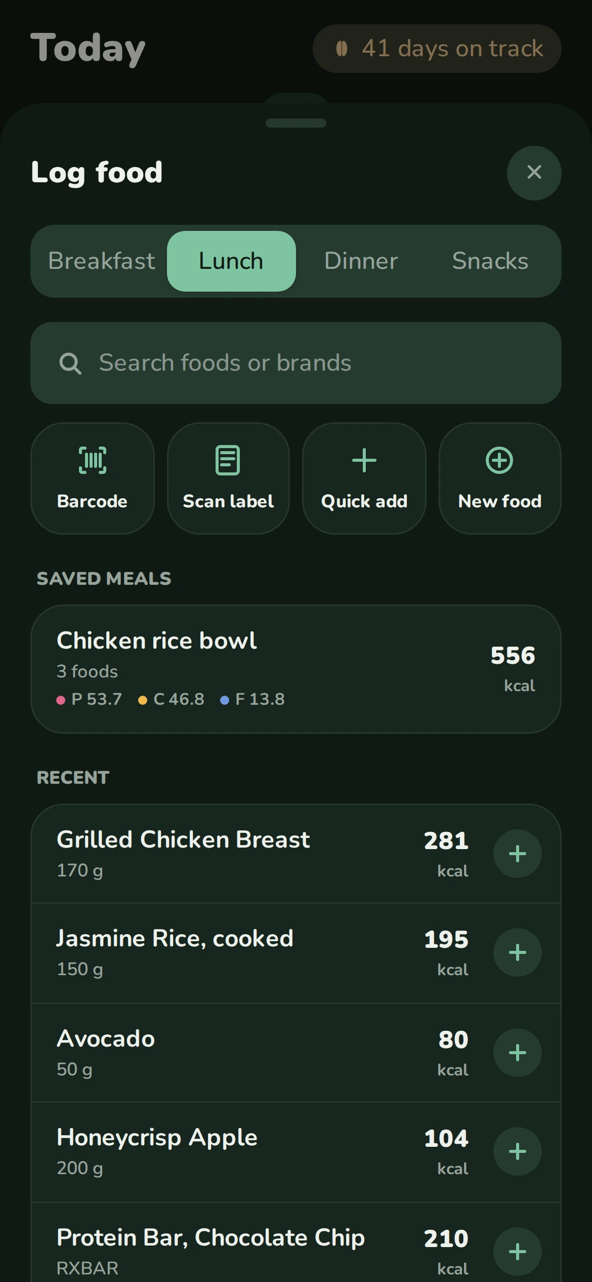 Log food sheet with barcode, label scan and quick add buttons, a saved breakfast, and recent foods each with a plus button.